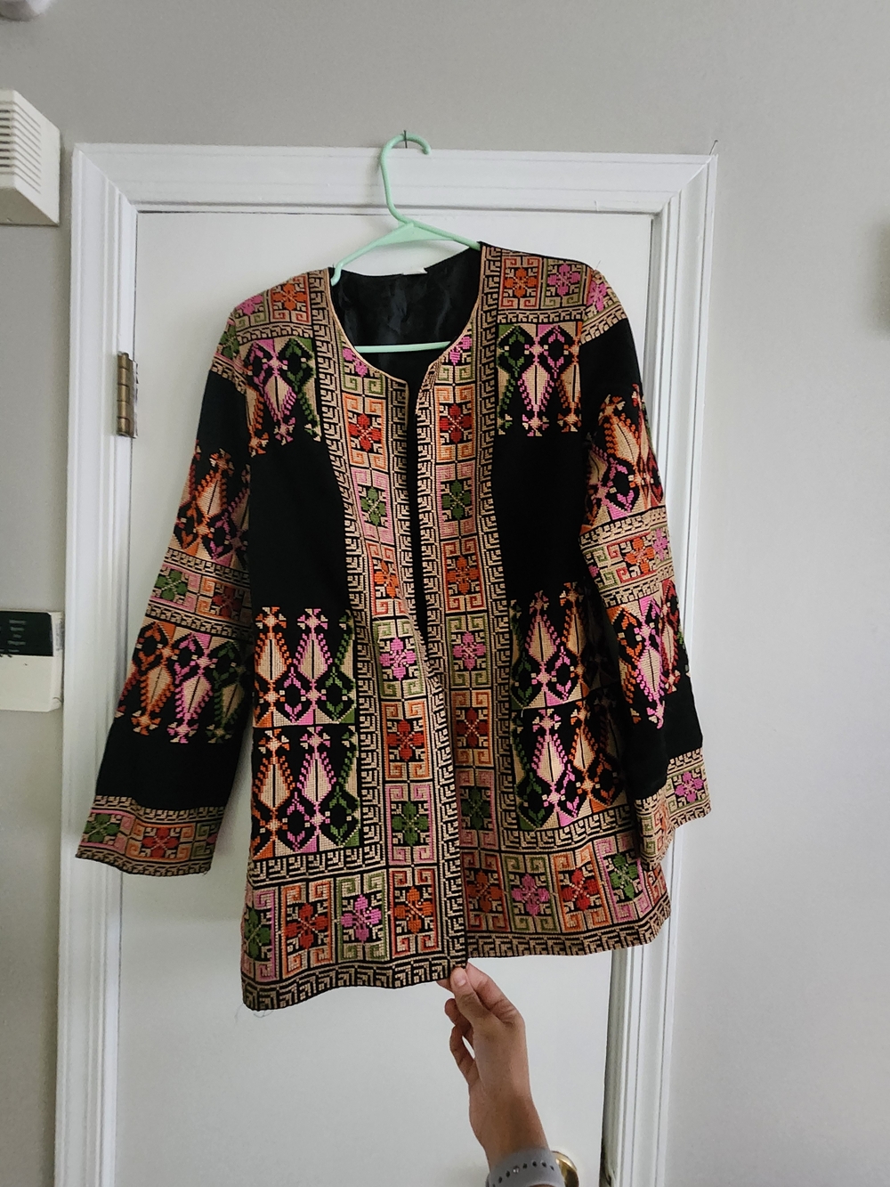 Embroidered Tatreez Jacket | Open-Front with Pink & Orange Accents